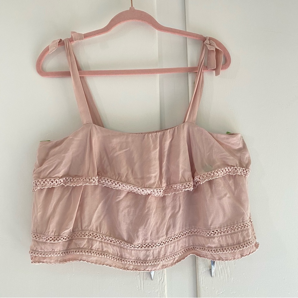 Wilfred Blush Pink Tie-Shoulder Ruffle Cropped Camisole Lace Trim Tiered Flowy L